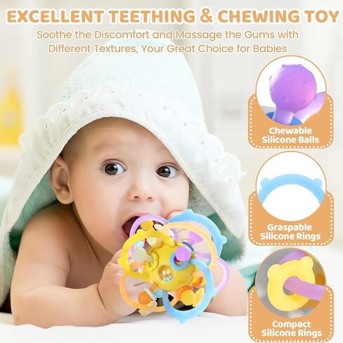 Baby Rattle Ball Teething Toys for 0 3 6 9 12 18 Months Boys Girls, Brown | Silicone Montessori Teethers with Rattle Ball for Newborn Infant, Sensory Delopmental Gift in Saudi Arabia