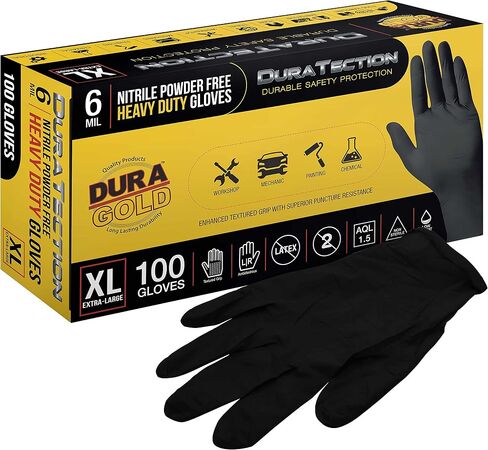 قفازات Dura-Gold HD Black Nitrile للاستعمال مرة واحدة، صندوق مكون من 100 قطعة، مقاس X-Large، 6 مل - خالية من اللاتكس، خالية من المسحوق، قبضة منسوجة in Kuwait