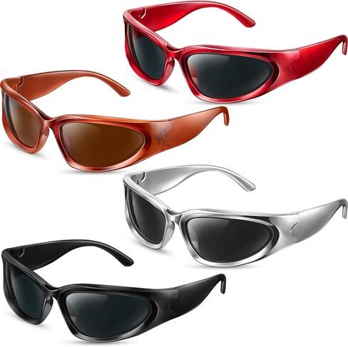 Queekay 4 Pairs Y2K Wrap Around Sunglasses Oval Dark Futuristic Sunglasses Trendy Aesthetic Silver Oval Shades for Women Men Outdoor Sports, Multicolor in Saudi Arabia