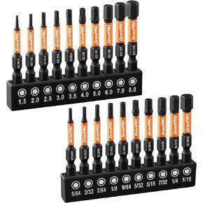 Allen Wrench Drill Bit Set 20pcs (Metric&SAE),Impact Hex Head Screwdriver Bit Set，1/4" Hex-Shank S2 Steel Hex Bits Set, CNC Machined Tips With Magnetism, 2" Long Driver Bit With Storage Box