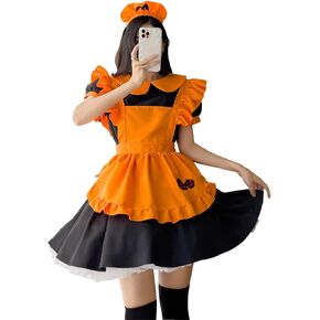Women Pumpkin Maid Outfits Lolita Dress Restaurant Bat Vampire Maid Magic Witch Embroidered Halloween Cosplay