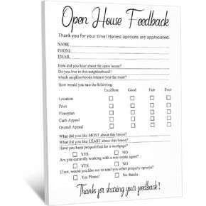 50 Pieces Open House Signs for Real Estate Open House Supplies Real Estate Open House Feedback Notepad Sign Open House Questionnaire Open House Feedback Form for Agents Brokers Supplies