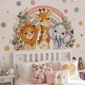 Runtoo Safari Animal Wall Stickers Boho Rainbow Polka Dots Wall Decals Kids Bedroom Baby Nursery Wall Decor