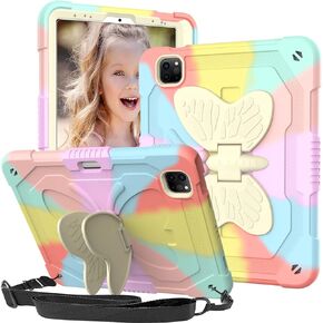 for iPad Pro 11 inch Case for Kids Girl with Pencil Holder,for iPad Air 5th/4th Generation Case 10.9" with Butterfly Stand Shoulder Strap Protective Cover for pro 11 4th/3rd/2nd/1st, Colourful