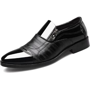 Men's Patent Leather Slip-on Dress Shoes,Fashion Pointed Toe Zipper Business Tuxedo Shoes,Classic Formal Oxford Loafers