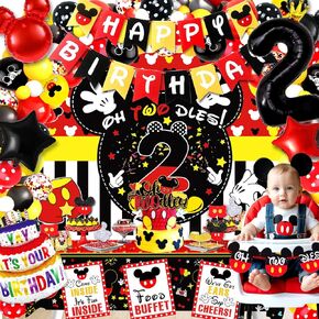 132pcs Oh Twodles Birthday Party Supplies Boy, Red Mouse 2nd Birthday Decorations Supplies, Balloons Arch Banner Backdrop Tablecover Cake Topper for Black Mouse Themed Boy 2 Years Old Birthday