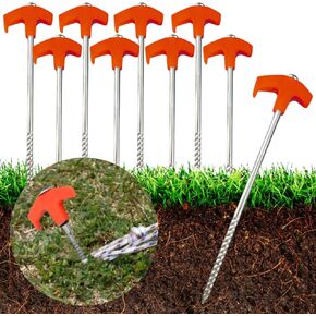 8Pcs Screw in Tent Stakes, 8" Ground Anchors Screw in, Heavy Duty Tent Pegs Camping Stakes, Metal Threaded Tent Spikes, Tent Pegs Camping Stakes, Metal Tent Spikes for Outdoor Camping