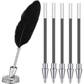 Feather Ballpoint Pen and Vintage Metal Pen Holder Black Ink Vintage Feather Quill with 5 Pieces Refill Wedding Signature Pens for School Office Wedding Birthday Party Favor (Atrovirens,Elegant Style)