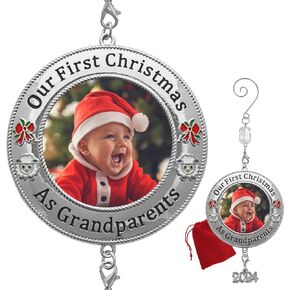Grandparents Christmas Photo Ornament - 2024 Our First Christmas As Grandparents - Enameled Red Bow and Lamb Accents - Dated Charm and a Decorative Hook - Gift/Storage Bag Included