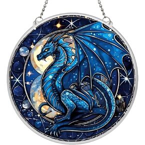 Cartoon Dragon Acrylic Window Hanging Ornament, Moon Dragon Wall Art Decor for Kids Bedroom Nursery Birthday Party Supplies Halloween Christmas Decoration (Blue, 11.8"/30cm)
