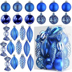 Prextex Christmas Tree Ball Ornaments - Blue Christmas Ornaments Set for Christmas, Holiday, Wreath & Party Decorations (24 pcs - Small, Medium, Large) Shatterproof