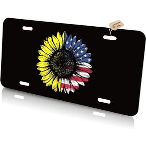 Sunflower American Flag Front License Plate, American Flag Decorative Metal License Plates for Cars, Aluminum Novelty Auto Car Tag Sign Vanity Plates for Men Women 6 X 12 In, Black