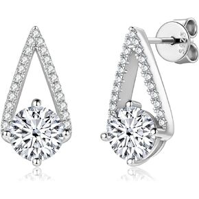 1CT Moissanite Stud Earrings for Women, Solitaire Lab Created Diamond Triangle Earrings, 18K White Gold Plated D Color Round Cut 925 Sterling Silver Earrings, GRA Certified
