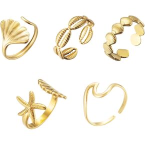 5PCS Gold Seashell Rings for Women Beach Surfer Starfish 18k Gold Dainty Seashell Wave Stacking Rings Summer Jewelry for Women Girl
