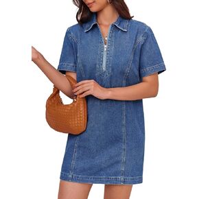 Fisoew Women’s Denim Mini Dress Short Sleeve Summer Casual Half Zip Polo Neck Short Jean Dress
