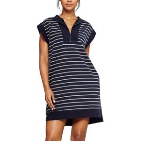 Women's Summer Half Zip Ribbed Knit Mini Dresses V Neck Cap Sleeve Striped Pullover Tunic Dress with Pockets