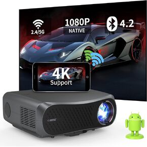 Smart Projector Android TV, Full HD 1080p Video Gaming Projector with WIFI Bluetooth, 9000Lumen LED LCD Outdoor Movie Projector Ceiling Mounted,Built in Speaker,4D Keystone,Zoom,HDM,USB,VGA