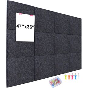Bulletin Board 48 x 36, Black Cork Board Alternative for Office, 12 Count Felt Wall Tiles with Removable Adhesive Tabs, Square Pin Board Tack Board with 30 Pushpins(Black)