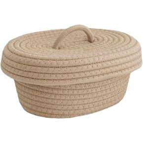 Desktop Storage Box with Lid, Handmade Cotton Rope Storage Basket for Makeup Sundries Snack Needles(White)