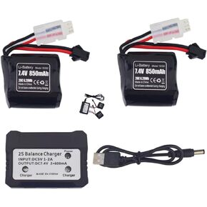 2PCS 7.4V 850mAh SM-2P Plug Lithium Battery with 2-in-1 Charger for Syma Q2 Q3 Skytech H100 T1 T02 H102 H106 H108 H120 Remote Control Boat High-Rate Battery Accessories