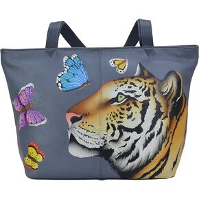 Anna by Anuschka Women Hand Painted Genuine Leather Large Tote - Royal Tiger