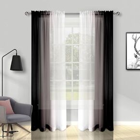 Melodieux Black Ombre Sheer Curtains 84 Inches Long for Living Room, Bedroom Chiffon Black White Gradient Rod Pocket Voile Drapes, 52 by 84 Inch, 2 Panels