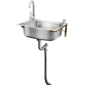 Stainless Steel Sink Wall Mount Commercial Hand Washing Station Prep Utility Kitchen & Bar Sinks Basin W/Gooseneck Faucet and Strainer for Home Garage Restaurant Laundry RV Bathroom Store