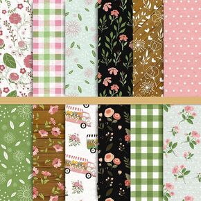 Whaline 12 Designs Spring Pattern Paper 24 Sheet Plaid Floral Scrapbook Paper Pink Double-Sided Collection Decorative Craft Paper Folded Flat for Card Making Scrapbook Photo Album Decor, 30 x 30cm