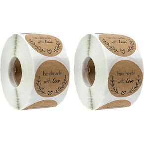 1000pcs Self Adhesive Stickers Labels Kraft Paper Handmade with Love Round Baking Stickers Labels Roll Decoration Cookie Jars Homemade Gifts Envelopes Etc
