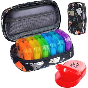 Serfeymi Weekly Travel Pill Organizer 2 Times A Day AM PM Upgraded Rainbow Pill Box 7 Day with Portable Zipper Canvas Pill Case, Medicine Organizer for Pills, Vitamins, Fish Oils - Bloom 01