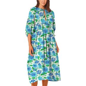 Casual Summer Dresses for Women Swing Floral Half Open Collar Boho Puff Sleeve Loose Midi Beach Dress