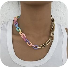 Chunky Half Resin Gold Alloy Link Chain Necklaces Colorful Resin Paperclip Chain Collar Necklace Hip Hop Oval Resin Accessories for Women Girls Gifts in Kuwait