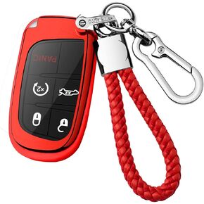 Autophone Compatible With Jeep Dodge Key Fob Cover With Leather Keychain Soft TPU Protection Key Case for Charger Challenger Dart Journey Durango Grand Caravan RAM Fiat Smart Key,Pink