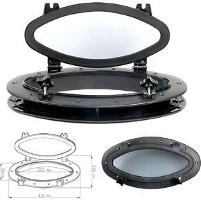 Amarine made Boat Yacht Elliptical Oval Opening Portlight Porthole 16" X 8-5/8" Replacement Window Port Hole - ABS , Tempered Glass, Color: White, Black (Black)