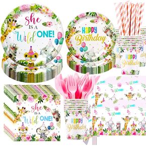 Wild One Birthday Decorations for Girl Tableware - Jungle Safari Birthday Decorations, Include Plate, Napkin, Tablecloth, Straws, Cup, Cutlery, Girl's 1st Birthday Party Supplies | Guest 24