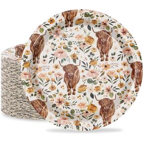 AnyDesign Boho Floral Highland Cow Paper Plates 9 Inch Watercolor Flower Cow Disposable Round Plates Rustic Tableware Dessert Plates for Farmhouse Birthday Baby Shower Wedding, 50Pcs