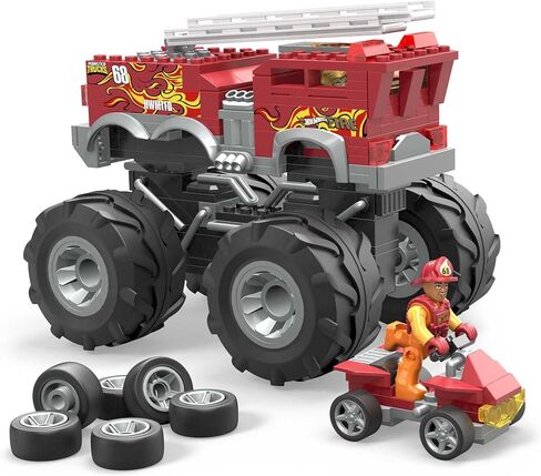 MEGA Hot Wheels Monster Truck Building Toy Playset, 5-Alarm Fire Truck with 284 Pieces and Giant Wheels, 1 Micro Action Figure, Red, Age 5+ Years in Saudi Arabia