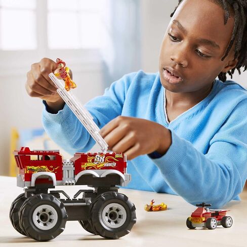 MEGA Hot Wheels Monster Truck Building Toy Playset, 5-Alarm Fire Truck with 284 Pieces and Giant Wheels, 1 Micro Action Figure, Red, Age 5+ Years in Saudi Arabia