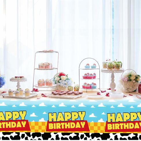 OULUN 2 قطعة من لوازم حفلات أعياد الميلاد ذات القصة الكرتونية، مقاس 54 بوصة × 108 بوصة، غطاء طاولة مطبوع بنمط البقرة، السماء الزرقاء والسحابة البيضاء، مفارش المائدة لتزيين حفلات عيد ميلاد البقرة in Kuwait