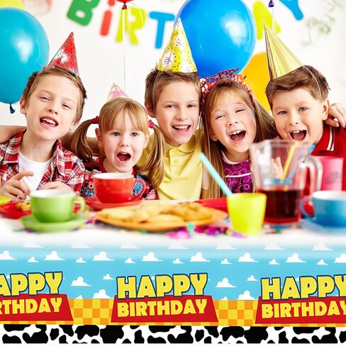 OULUN 2 قطعة من لوازم حفلات أعياد الميلاد ذات القصة الكرتونية، مقاس 54 بوصة × 108 بوصة، غطاء طاولة مطبوع بنمط البقرة، السماء الزرقاء والسحابة البيضاء، مفارش المائدة لتزيين حفلات عيد ميلاد البقرة in Kuwait