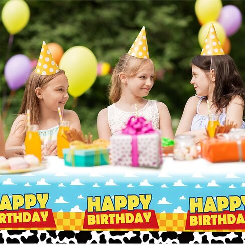 OULUN 2 قطعة من لوازم حفلات أعياد الميلاد ذات القصة الكرتونية، مقاس 54 بوصة × 108 بوصة، غطاء طاولة مطبوع بنمط البقرة، السماء الزرقاء والسحابة البيضاء، مفارش المائدة لتزيين حفلات عيد ميلاد البقرة in Kuwait