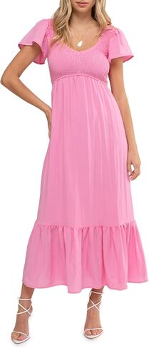August Sky Women's Midi Dress – Short Flounce Sleeve V-Neck Smocked Top Elastic Waist Flowy Skirts One Piece in Saudi Arabia