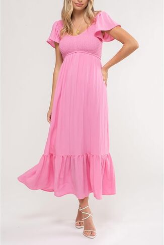 August Sky Women's Midi Dress – Short Flounce Sleeve V-Neck Smocked Top Elastic Waist Flowy Skirts One Piece in Saudi Arabia