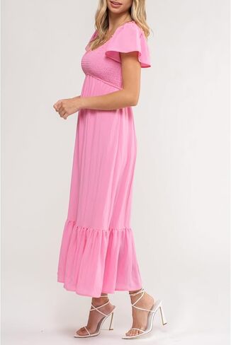 August Sky Women's Midi Dress – Short Flounce Sleeve V-Neck Smocked Top Elastic Waist Flowy Skirts One Piece in Saudi Arabia