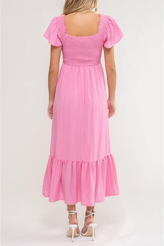 August Sky Women's Midi Dress – Short Flounce Sleeve V-Neck Smocked Top Elastic Waist Flowy Skirts One Piece in Saudi Arabia
