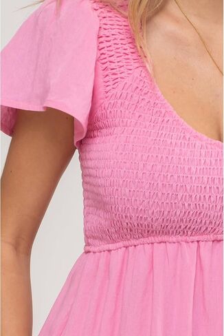 August Sky Women's Midi Dress – Short Flounce Sleeve V-Neck Smocked Top Elastic Waist Flowy Skirts One Piece in Saudi Arabia