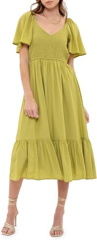 August Sky Women's Midi Dress – Short Flounce Sleeve V-Neck Smocked Top Elastic Waist Flowy Skirts One Piece in Saudi Arabia