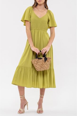 August Sky Women's Midi Dress – Short Flounce Sleeve V-Neck Smocked Top Elastic Waist Flowy Skirts One Piece in Saudi Arabia