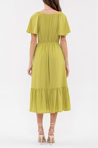 August Sky Women's Midi Dress – Short Flounce Sleeve V-Neck Smocked Top Elastic Waist Flowy Skirts One Piece in Saudi Arabia