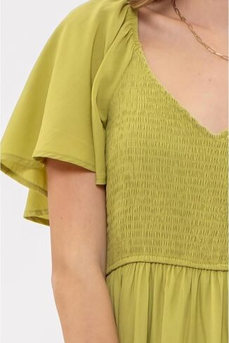 August Sky Women's Midi Dress – Short Flounce Sleeve V-Neck Smocked Top Elastic Waist Flowy Skirts One Piece in Saudi Arabia